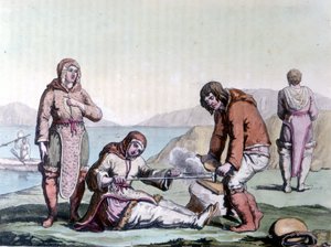 Eskimåer tänder eld genom att gnugga träbitar. av Unknown artist