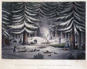 Etablering av ett läger under en vinternatt - i "" Berättelse om en resa till polarhavets stränder åren 1819-1821", av John Franklin, red. London av Unknown artist