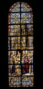 Eugene III, före detta munk av Claivaux, klättrar till pontifikatets tron den 15 februari 1145. Målat glas vid Cathedrale de Tournai: Transept vänster (2). av Unknown artist