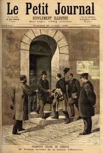 Eugene Turpin (1848-1927), kemist, uppfinnare 1884 av melinit (en sprängämne), orättvist anklagad för att ha sålt sin uppfinning till fienden, var oskyldig och befriad från Etampes fängelse. Gravyr i "" Le petit journal"" 1893-04-29. Selvas samling av Unknown artist