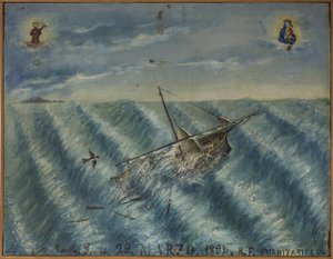 Ex-voto (ex voto) sjöman, populärt erbjudande som ett löfte om hängivenhet och tacksamhet för sjömannen som överlever till farorna med havet som kommer från kyrkan Carmine, Torre del Greco, nära Neapel, 29/03/1894 Italien av Unknown artist