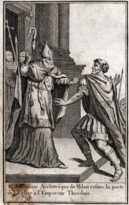 Exkommunikation: St Ambrosius av Milanos båge (Aurelius Ambrosius, Ambrogio di Milano (340-397) vägrar kyrkdörren till den romerske kejsaren Theodosius I (Flavius Theodosius) (347-395) för att straffa honom för massakern i Thessaloniki i 390. Gravyr i av Unknown artist