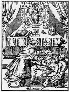 Exorcism: en demon lämnar kroppen av en häxbesatt medan en präst erbjuder honom nattvard - Gravering av "" underbara berättelser" av Pierre Boaistuau av Unknown artist