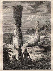Expedition runt om i världen (1785-1788) av Jean Francois Galaup de La Perouse (1741-1788): ursprungsbefolkningen på Påskön som tittar på monumentala statyer (Moai) - illustration hämtad från "The Great Mariners of the 18th century"" av Unknown artist