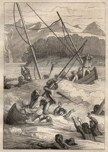Expedition runt om i världen (1785-1788) av Jean Francois Galaup de La Perouse (1741-1788): skeppsbrott av båtarna i franskans hamn (Alaska) - illustration hämtad från "The Great Mariners of the 18th century" av Unknown artist