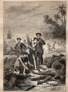 Expedition av Jean Francois de Survillle (1717-1770) i Söderhavet (1769-1770): sjömännen i Surville samlar in vapen från ursprungsbefolkningen som dog under striden (Nya Irland, Papua Nya Guinee) - illustration hämtad från " De stora sjöfararna av Unknown artist