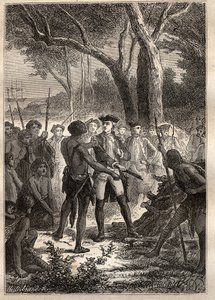 Expedition av Nicolas Thomas Marion-Dufresne (Marion Dufresne) (1729-1772): Marion gick i land i Frederick Henry Bay (Tasmanien) och erbjöds en brandon antänd av ursprungsbefolkningen - illustrationen hämtad från "The Great Mariners of the 18th century"" av Unknown artist