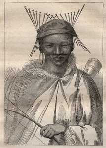 Expedition till det inre av Sydafrikas länder (1775) av Anders Sparrman (1748-1820): en boschiman (Bochiman eller San, ursprungsbefolkning i södra Afrika) - illustration hämtad från "The Great Mariners of the 18th century"" av Unknown artist