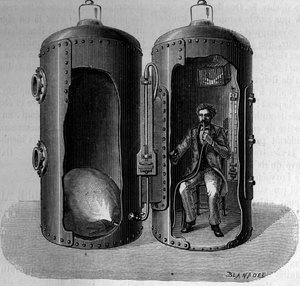 Erfarenhet av barometertryck av fysiologen Paul Bert (1833-1886): inandning av sursyrehaltig luft, vidgas genom att trycket minskar. Gravyr i "" La Nature: revue des sciences et de leurs applications aux arts et a l