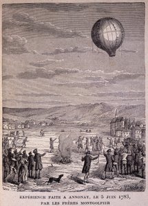 Experiment gjort på Annonay den 5 juni 1783 av Montgolfier Brothers - i "" Les Contemporains", n.d. sent 1800-tal. av Unknown artist