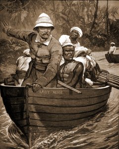 Utforskning av Sir Henry Morton Stanley (1841-1904), brittisk upptäcktsresande, ombord på "Lady Alice". av Unknown artist