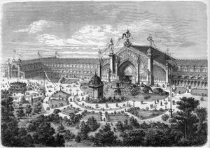 Exposition Universelle de Lyon: gallerierna sett från parken. Gravyr i "" L