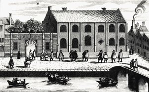 Exteriörvy av byggnaden vid universitetet i Leiden grundad 1575 av Guillaume de Nassau. Gravyr efter "" Illustrium Hollandiae, etc, Ordinum, Alma academia Leydensis"" av Unknown artist