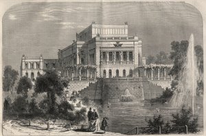 Exteriör vy av den nya teatern i Leipzig, Tyskland. Gravyr i "" L