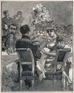Kända halsband: Josephines pärlhalsband. Konsul Napoleon Bonaparte frågar efter ursprunget till pärlhalsbandet på halsen på hans fru, Josephine de Beauharnais (Marie Josephe Rose de Tascher de La Pagerie av Unknown artist