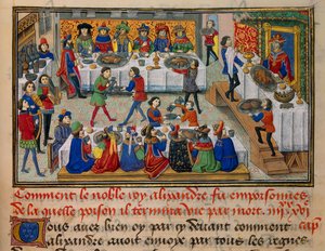 Festmåltider, serverad för kung Alexander och hans hovmän under de sista dagarna av hans liv. Miniatyr hämtad från "La Vraye Histoire du Bon Roy Alixandre"" av Callisthenes, eller Kallisthenes (ca 360-328 f.Kr.) av Unknown artist