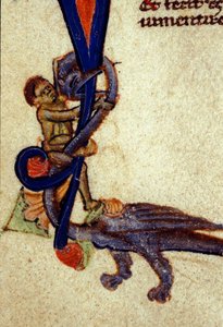 Kamp mellan en drake och en man Detalj av en miniatyr från 1300-talet av Unknown artist