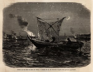 Eldfiske i Yedo Bay (eller Edo, dagens Tokyo), under natten bär varje båt en sorts grill vid frontljusen, ljuset lockar fisk som fångas med ett stort nät. Gravyr för att illustrera Japan, reseberättelse av Aime Humbert, minister för av Unknown artist