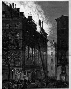 Fire of the Opera Comique (Opera-Comique) i Paris sett från Rue Marivaux och Boulevard des Italians den 26 maj 1887. Gravyr i "" Le monde illustrious"" av Unknown artist