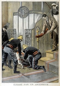 Brandmän som räddar en man kraschar vid en hiss i en byggnad i Paris. Illustration av "Little Journal" från 1899. av Unknown artist
