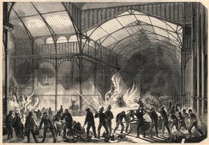 Brandmän försöker stoppa branden i Central Halles i Paris den 10 juli av Unknown artist