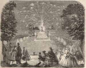 Fyrverkerier och belysning av slottet Maison Laffitte (House-Laffitte) på kvällen för jordbrukskommitténs tävling. Gravyr i ”Le Monde illustrious”” från 1857. Privat samling. av Unknown artist