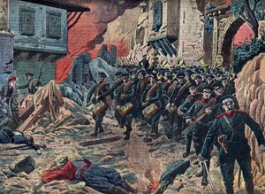 Första Balkankriget "Den bulgariska armén triumferar efter slaget vid Kirk Kilisse (Lozengrad) den 24/10/1912, Turkiet" (Slaget vid Kirk Kilisse (eller slaget vid Kirkkilise) var en del av det första Balkankriget mellan Bulgariens arméer och det ottomanska av Unknown Artist