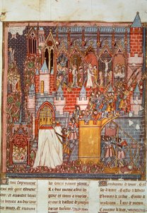 Första korståget: belägringen och intagandet av Jerusalem av korsningarna ledda av Godefroy de Bouillon (1058-1100) 1099. Miniatyr från "Chronicles d