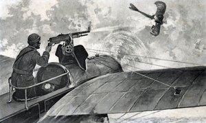 Första världskriget: "den franske flygaren Jules Vedrines (1881-1919) ombord på sin Bleriot skjuter ner ett tyskt flygplan Taube, 2/09/1914" (WWI: the french aviator Jules Vedrines on his Bleriot aeroplane sends down a Taube with his machine gun, 2nd Septe av Unknown Artist
