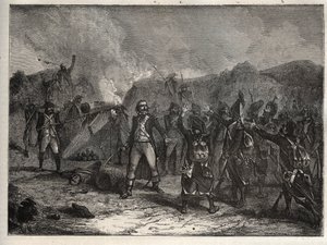Första koalitionen: Överste Antoine Guillaume (Antoine-Guillaume) Rampon (1759-1842) vid slaget vid Montenotte den 12 april 1796, under den italienska kampanjen mot Napoleon Bonapartes franska trupper mot de österrikiska och sardiska arméerna - franska av Unknown artist