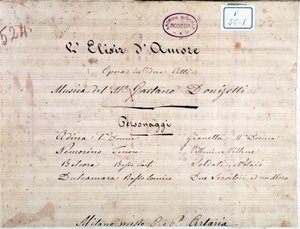 Första sidan med noter till The elixir of love, opera av Gaetano Donizetti av Unknown artist