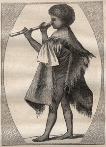 Första resan (1768-1771) av kapten James Cook (1728-1779): Tahitisk flöjtspelare - illustration hämtad från "" The Great Mariners of the 18th century"" av Unknown artist