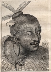 Första resan (1768-1771) av kapten James Cook (1728-1779): tatuerat huvud av en Neo-Zelandais (Neo Zelandais) - illustration hämtad från "The Great Mariners of the 18th century"" av Unknown artist