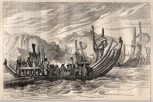Första resan (1768-1771) av kapten James Cook (1728-1779): Tahiti-flottan samlades i Oparee - illustration hämtad från "The Great Mariners of the 18th century"" av Unknown artist