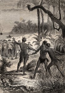 Första resan (1768-1771) av kapten James Cook (1728-1779): medan Cook och tio sjömän seglar på Nya Guinees meridionalkust, reste sig tre indianer upp ur skogen med stora skrik - illustrationen hämtad från "The Great Mariners of 1700-talet"" av Unknown artist