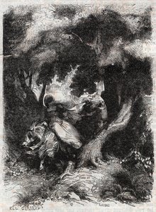 Flight of Angelica (Angelica) under striden - gravyr från 1851 från "" Furious Roland"" (Orlando furioso) (1500-talet) av Ludovico Ariosto, känd som Ariosta - Upplaga översatt från italienska av greven av Tressan och publicerad av Gustave Harva av Unknown artist