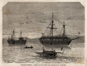 Flytande botemän i Franska Guyana, en koloni som övergick till fångenskapen av de som tog över domstolarna och de män som var tvungna att stanna. Gravyr för att illustrera resan i Franska Guyana 1862-1863, av Frederic Bouyer, kapten på fregatt, i "" Le tou av Unknown artist