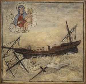Tidigare voto (ex voto) sjöman, populärt erbjudande som ett löfte om hängivenhet och tacksamhet för sjömannen som överlever till farorna med havet som kommer från kyrkan Carmine, Torre del Greco, nära Neapel av Unknown artist