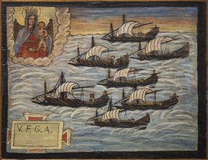Tidigare voto (ex voto) sjöman, populärt erbjudande som ett löfte om hängivenhet och tacksamhet från sjömannen som överlever till farorna med havet som kommer från kyrkan av den välsignade jungfrun av Neapelbågen (Madonna dell
