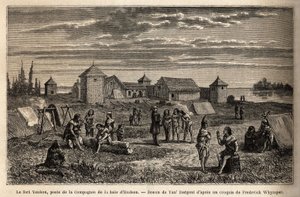Fort Youkon, i Nortonbukten, Alaska, grundat 1847, en etablering av Hudson Bay Company, indier slog läger runt palisaderna. Gravyr för att illustrera resan och äventyren i engelska Colombia, Vancouver Island och Alaska, av Frederick av Unknown artist