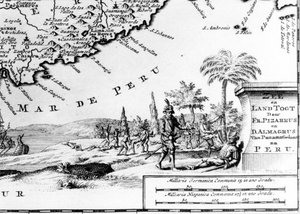 Francisco Pizarro (fr. Francois Pizarre) representerad på en karta över Peru. 1600-talet. av Unknown artist