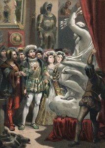 Francois I (1494-1547), kung av Frankrike, vid den italienske skulptören Benvenuto Cellini (1500-1571) gravyr från 1881 i "" Skönhetskulten"" av Juan Justo Huguet, Molinas Hermanos editores av Unknown artist