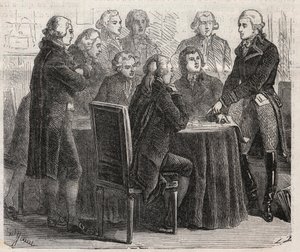 Franska revolutionen: Greve Louis Marie de Narbonne-Lara (Narbonne Lara) (1755-1813) visar sina planer i församlingens kommittéer - Gravyr i "" Den illustrerade världen"" av Unknown artist