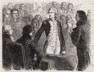 Franska revolutionen: General Gilbert du Motier de La Fayette (1757-1834) avgår från befälet över nationalgardet - gravyr i "" Le Monde Illustré"" av Unknown artist