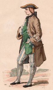 Fransk herre i jaktdräkt, klädd i rock, väst och tricornhatt med en dolk i sidan under 1800-talet (färgstick) av Unknown
