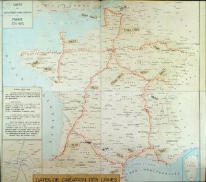 Fransk geografisk karta som visar lufttelegrafiska linjer. Början av 1800-talet. Paris, Musee de la Poste av Unknown artist