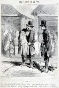 Fripier från tempeldistriktet i Paris försöker sälja kläder till en man. Gravyr av 1800-talet. av Unknown artist
