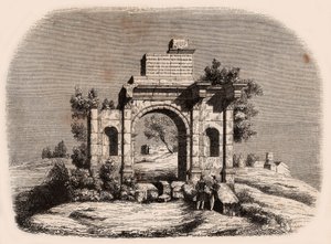 Framifrån av den romerska bågen av Djemilah i Algeriet: två franska soldater poserar framför ruinerna av Unknown