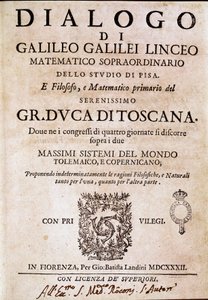 Frontispice of “” Dialogue on the Two Great Systems of the World”” (dialogo sopra i due massimi sistemi del mondo) beställd av påven Urban VIII till astronomen och fysikern Galileo Galilei dit Galilee (1564-1642) omkring 1620 och publicerad 1632 . Det av Unknown artist