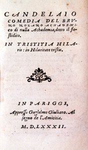 Frontispice of "" Il candelaio"" (Ljusstaken) av Giordano Bruno (1546-1600), italiensk filosof och teolog. 1582 av Unknown artist